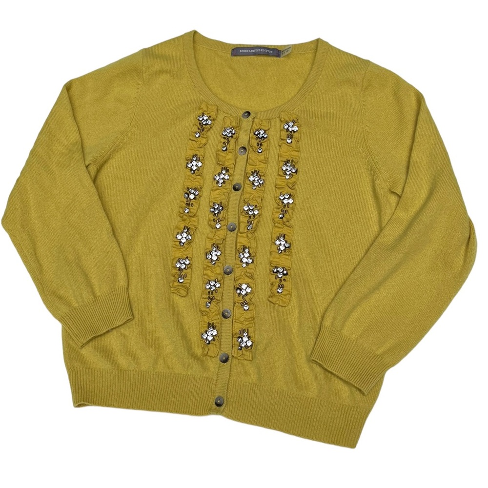 BODEN Cashmere Chartreuse Yellow Embellished Crop Cardigan Size 4 Limited Ed